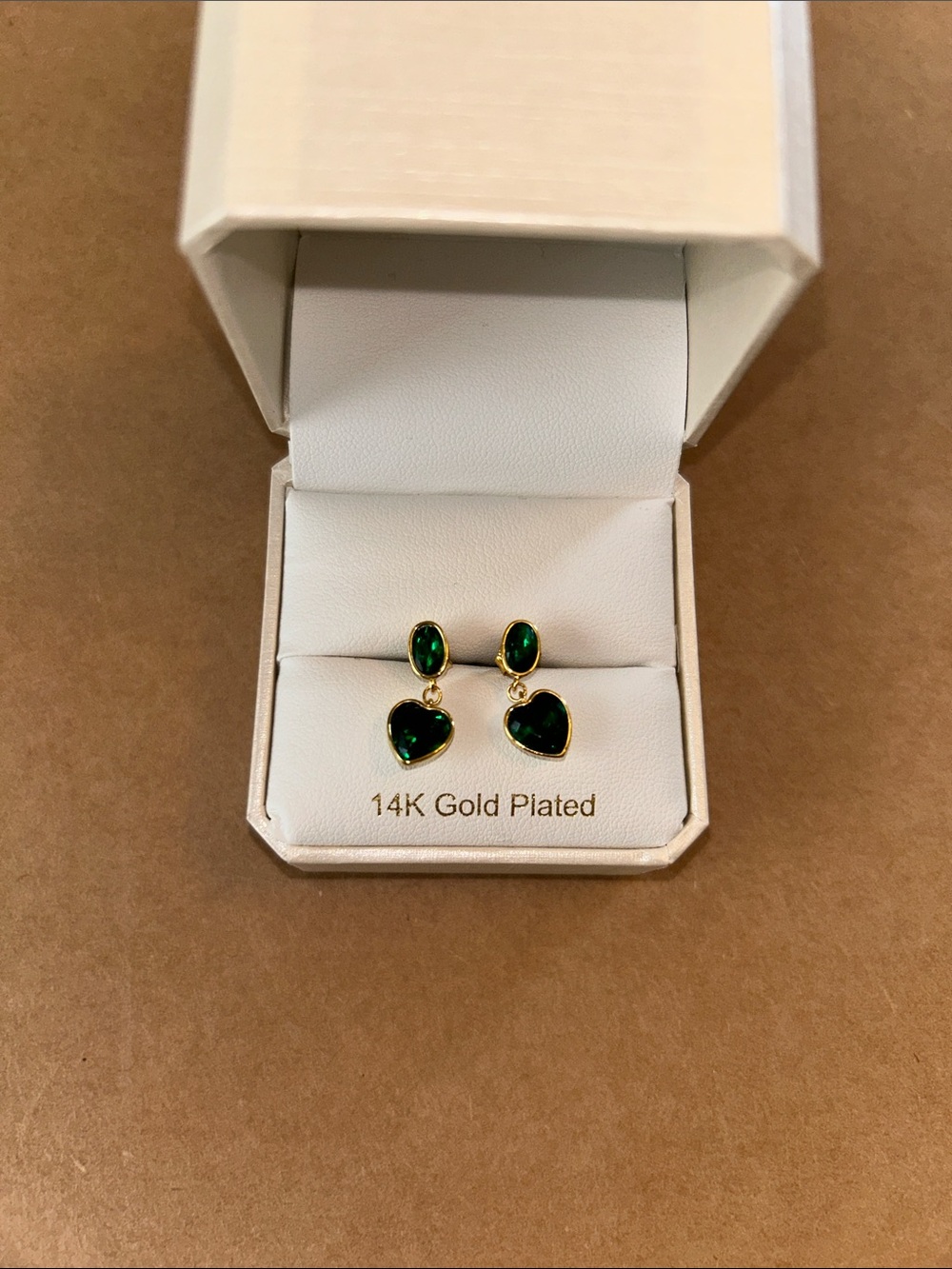 Gold Heart Drop Earrings with Green Stone - Women Jewelry